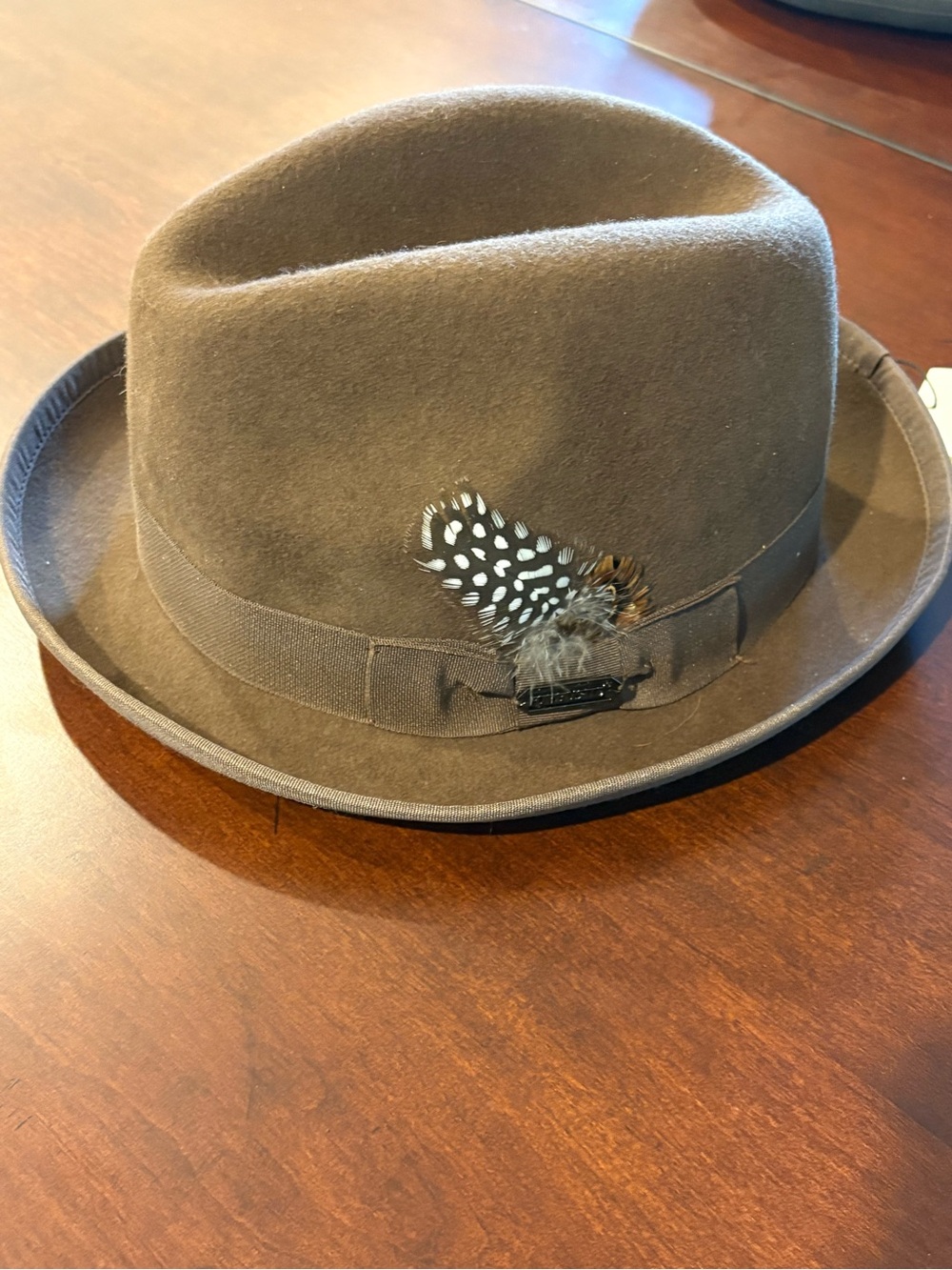 Men's Brown Fedora Hat with Feather Accent 100% wool xl